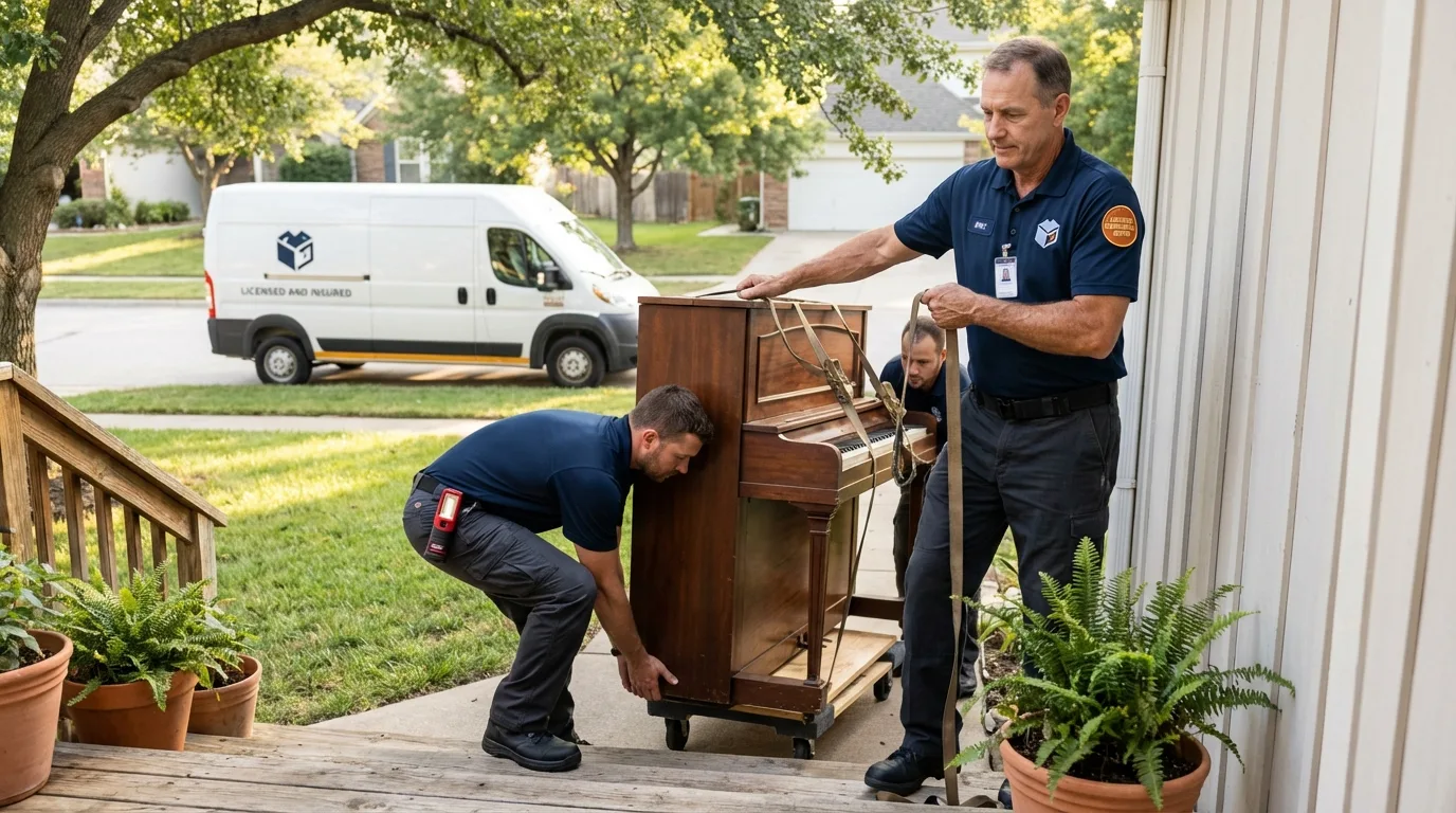 Licensed piano movers securing grand piano in Macungie, PA
