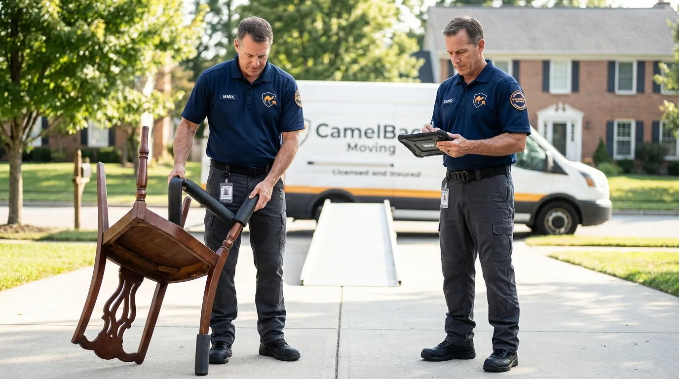 Movers inspecting furniture for damage prevention before loading in Macungie, PA