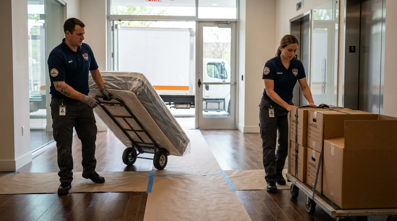 Professional apartment movers loading elevator in Macungie, PA