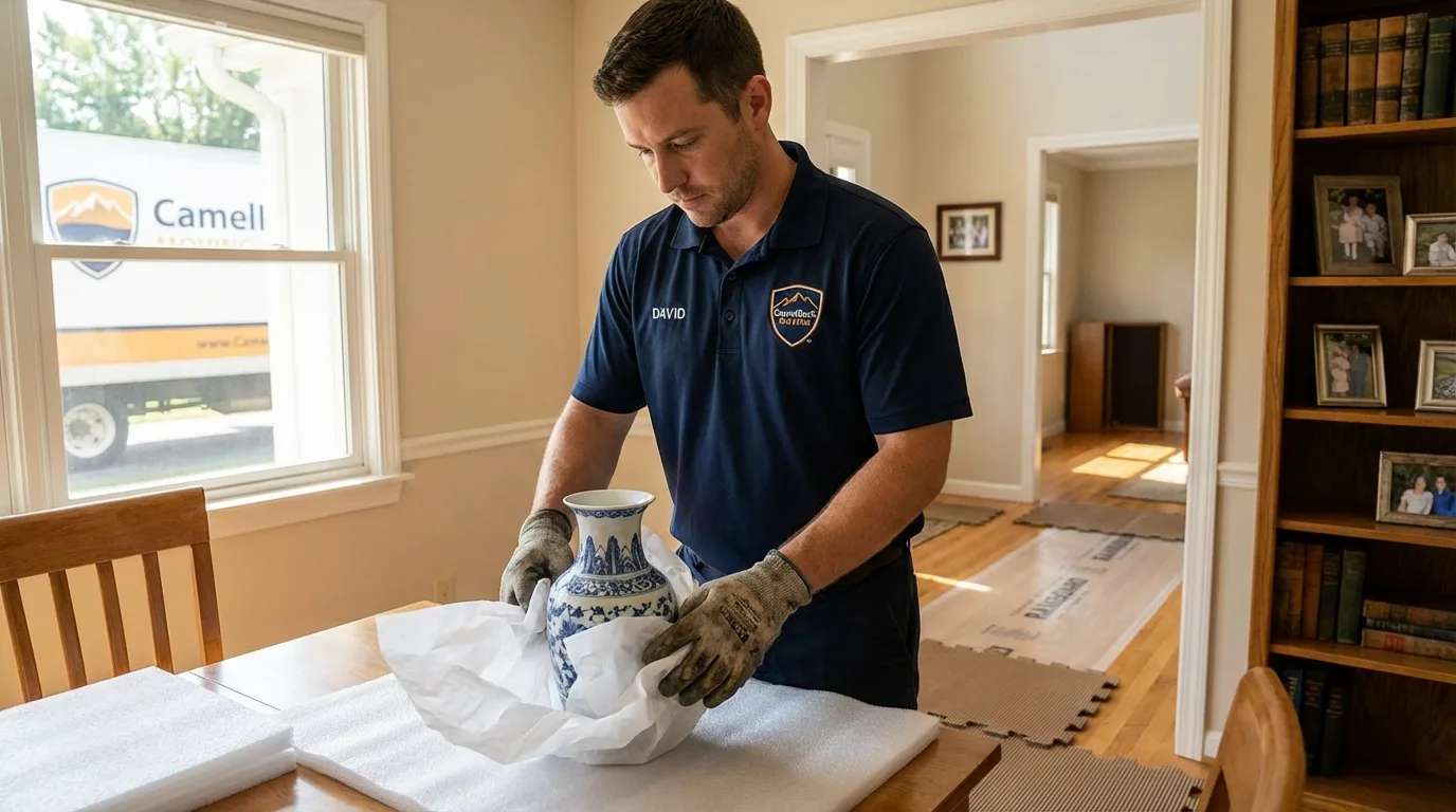 Professional crew carefully wrapping antique vase for senior downsizing move in Macungie, PA